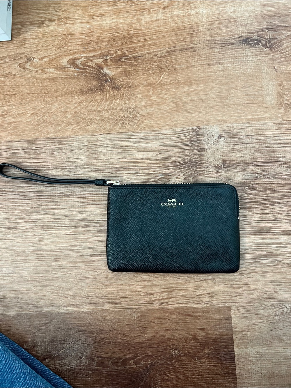 Coach Black Leather Wristlet with Gold Logo